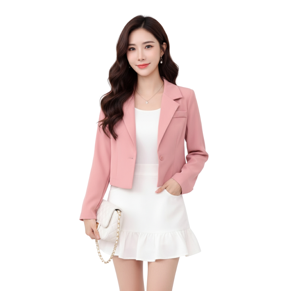 Women's Semi-Croptop Blazer Long Sleeve S to M Lapel Retro Loose Style #1635 Single Button
