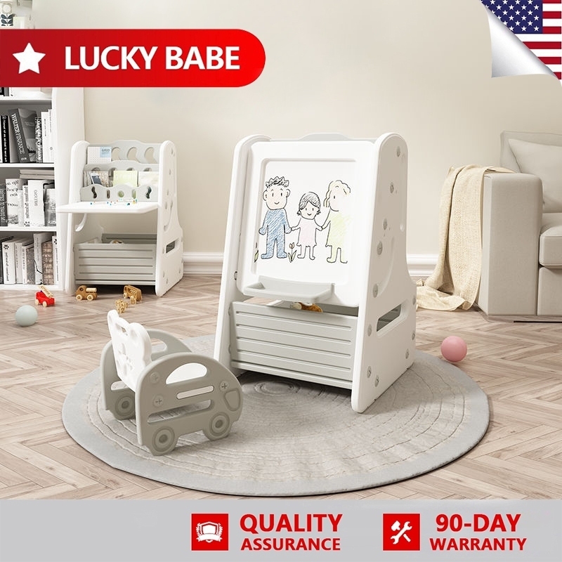 LUCKYBABE 3 in 1 Multifunctional Book Shelf for Kids Baby Table and Chair for kids with DrawingBoard