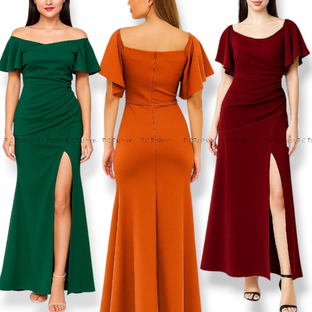 Lucille Off-Shoulder Slit Long Dress Neoprene Spandex Elegant Formal Gown