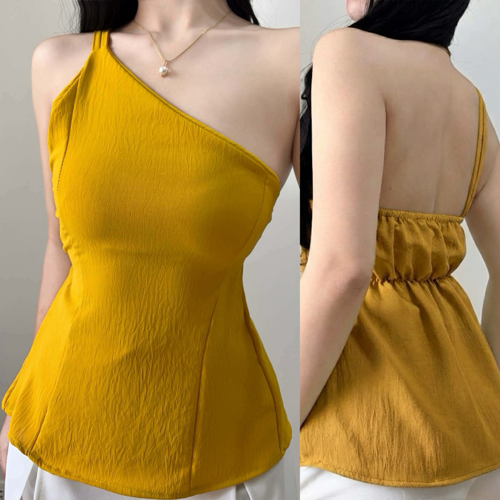 Olivia One Shoulder Top Sleeveless Crinkle Fabric Ideal for Summer Wear All Seasons Fashion