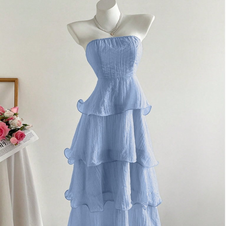 PZK Solid Color Backless Multi-Layer Long Dress for WomenElegant Special Occasion Wear