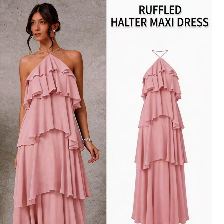 PZK and YOU Elegant Romantic Wedding Guest Solid Halter Tiered Chiffon Maxi Dress