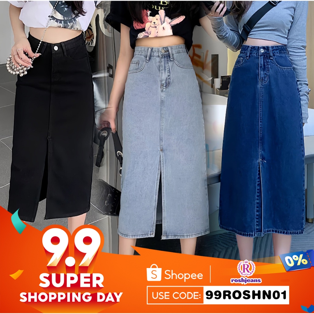 Rosh Denim Long Skirt Korean Style High Waist A-line Casual Midi Skirt for Women New Arrival