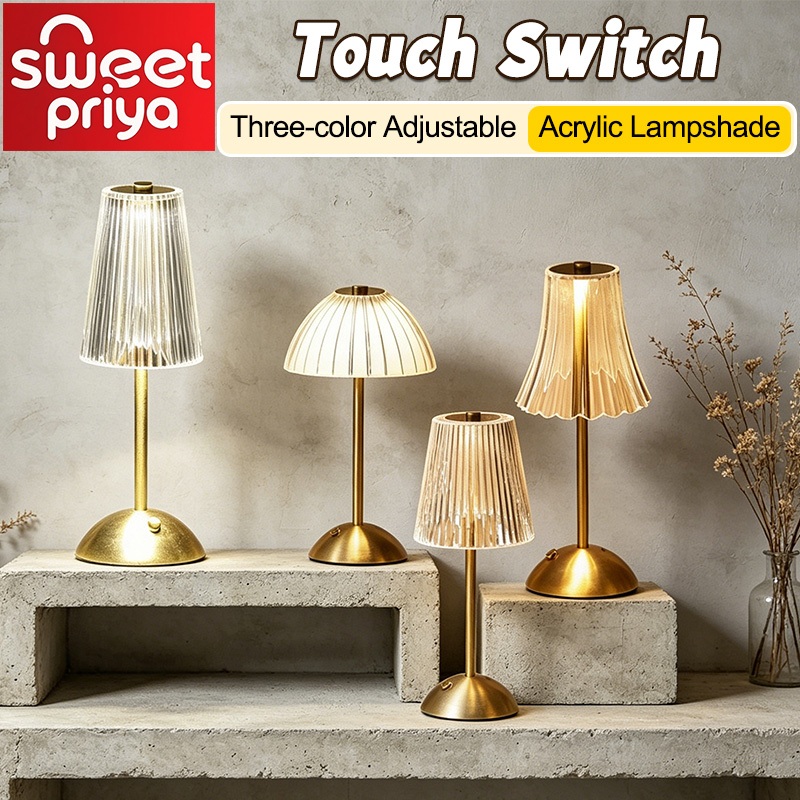 3 Color Bedside Gold LED Table Lamp Touch USB Rechargeable Desk Light Dimmable Bar Counter Bedroom