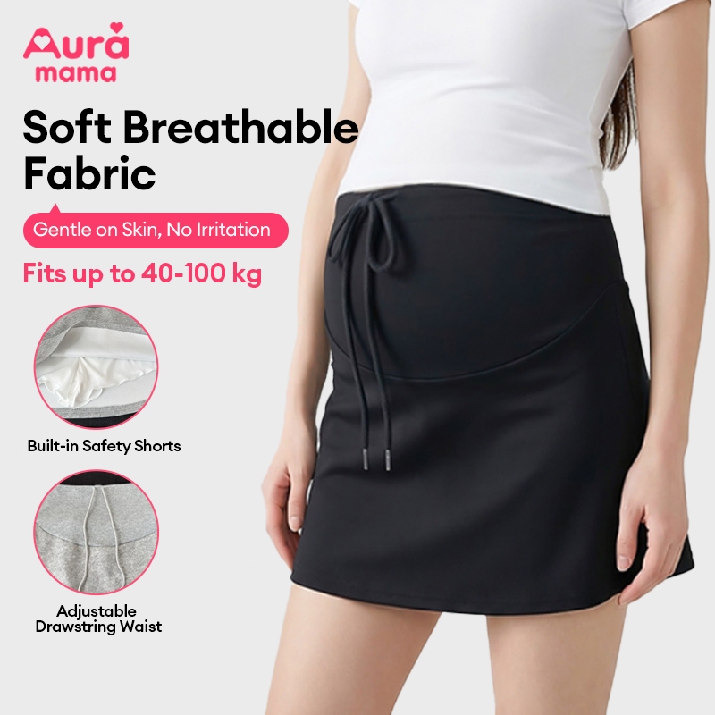 Maternity Skirt with Built-in Safety Shorts Adjustable Drawstring High Waist A-Line Pregnancy Skirt