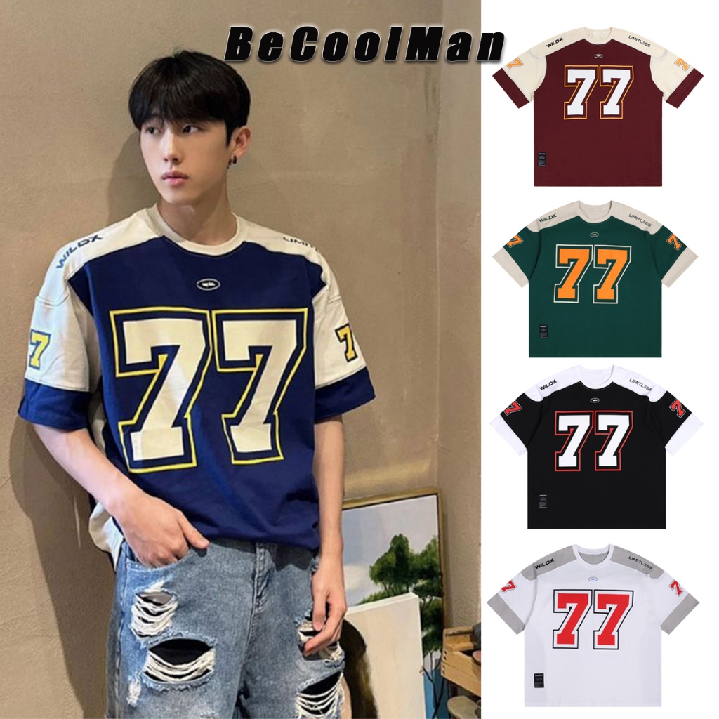 BeCoolMan【6 colors】 Men's T-shirt Color blocking splicing sports style Printing No.77 Classic