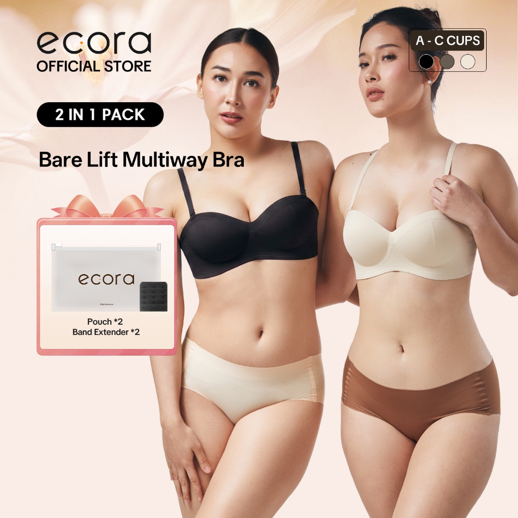 [2pcs Bundle] ecora Bare Lift Multiway Bra, Detachable Straps, Strapless Push Up Bra, Seamless Bra.