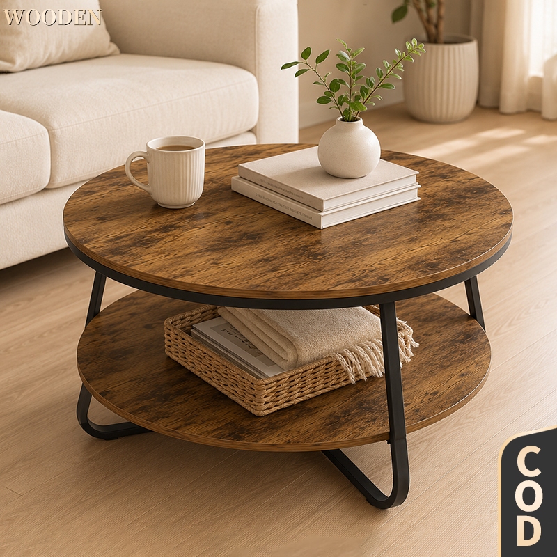 ✈️COD✈️2-Tier Coffee Table Wood Finish Sturdy Steel Frame Living Room Center Table with Storage
