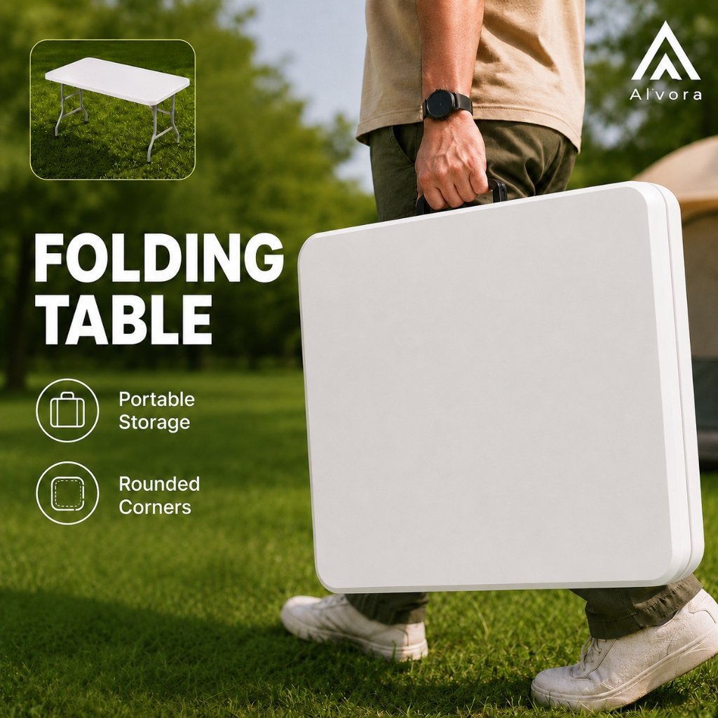 Portable Folding Table with Carry Handle Rounded Corners for Camping Picnic Party Garden Home RV Use