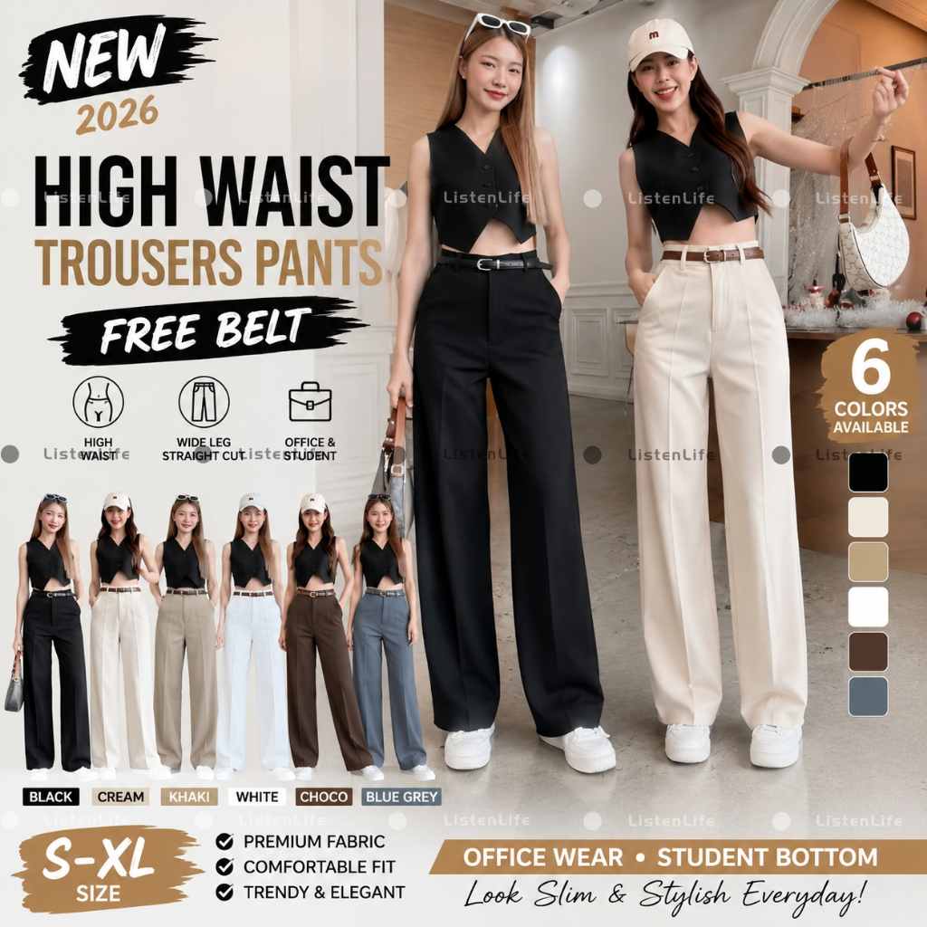 High Waist Trousers Pants FREE BELT Wide Leg Straight Cut Office Wear Student Bottom For Ladies *309