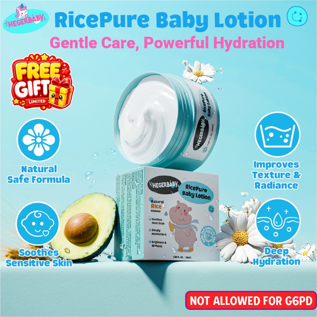 Hegerbaby Ricepure Baby Lotion - Relieves Prickly Heat Rash Gentle Soothing Moisturizes Whitens 50ml