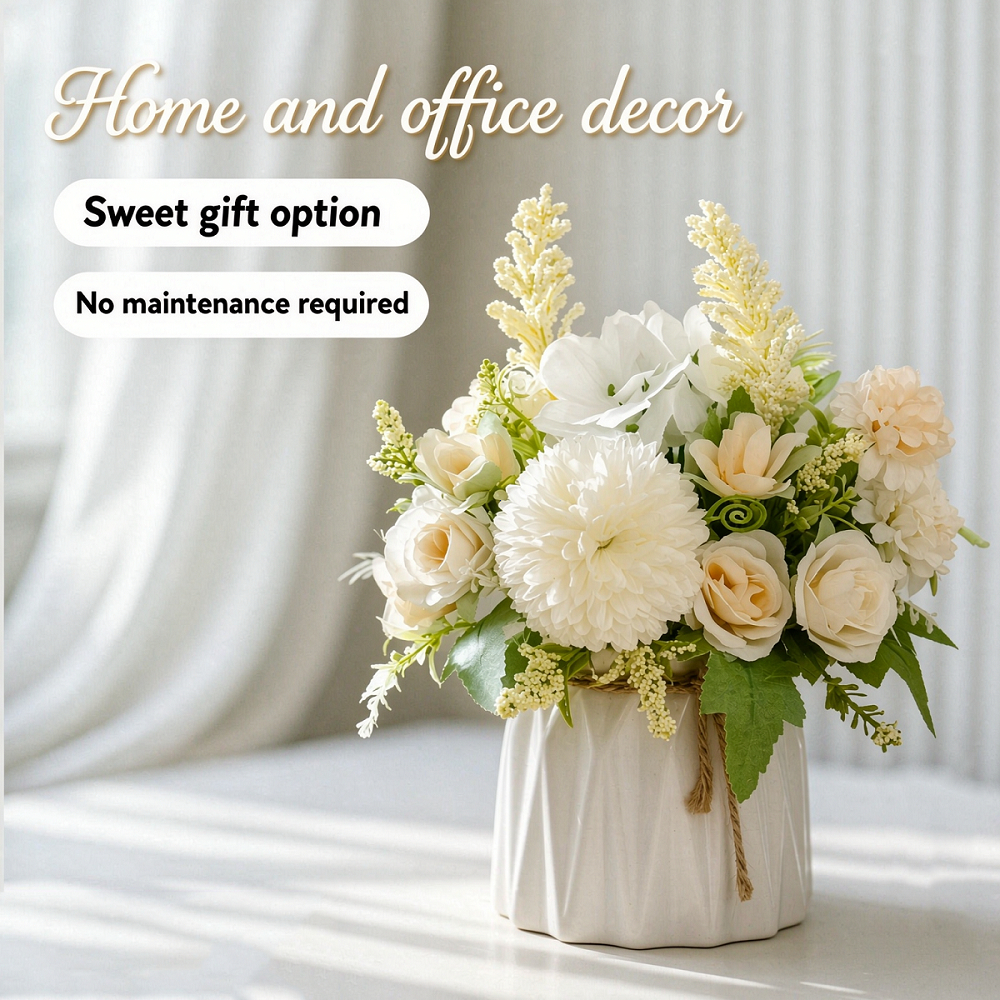 Fake Flowers with Vase Pot Flower Fake Silk Artificial Bouquet Home Office Wedding Decor