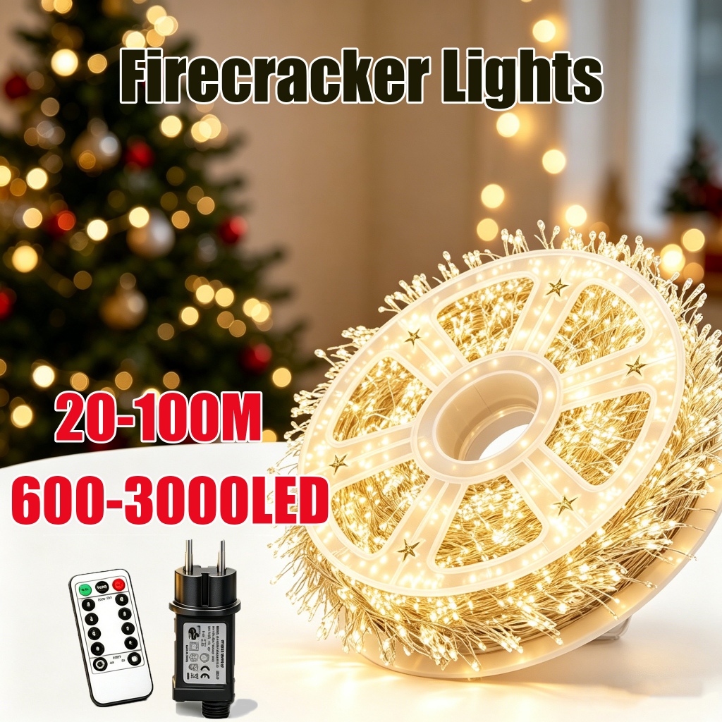 Waterproof 20-100M LED Firecracker String Lights 600-3000LED Plug Remote Indoor Outdoor Xmas Tree