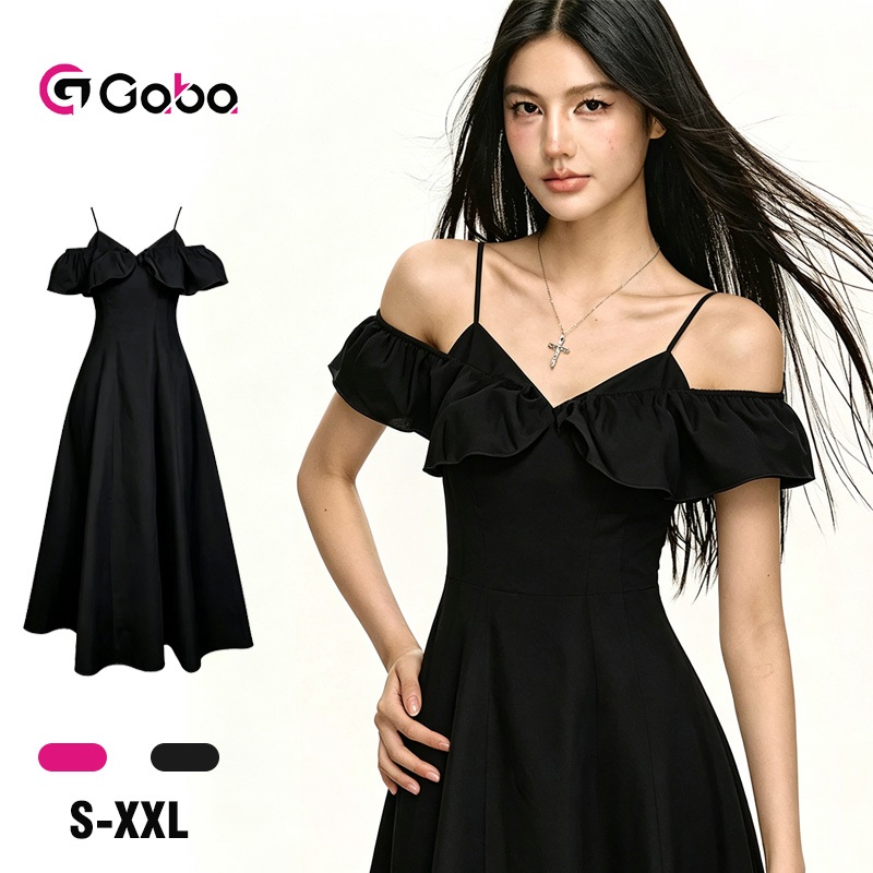 Sexy V-Neck Ruffled Sleeve Black Slip Maxi Dress Daily Casual Party Evening Gown（S-XXL）