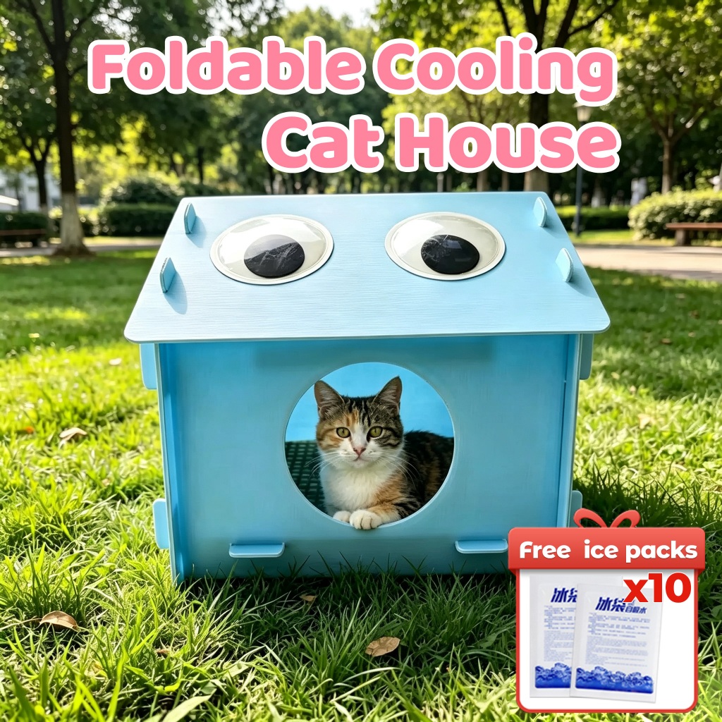 Foldable Cooling Cat House,Pet Air Condition Room with Ice Packs Waterproof Summer Stray Cat Bed