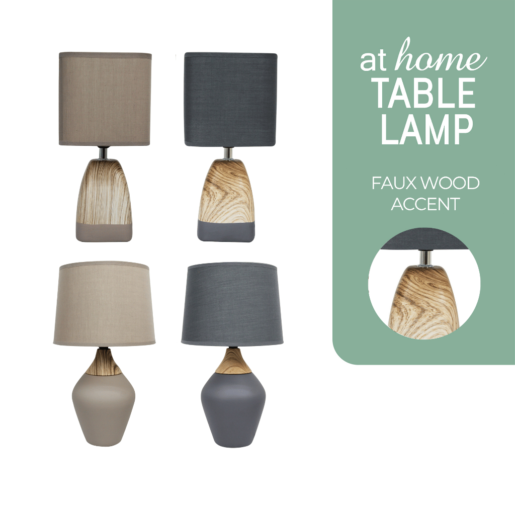AT HOME Lighting Essential Rio Table Lamp Ceramic Base Linen Shade Faux Wood Accent — Nordic Decor
