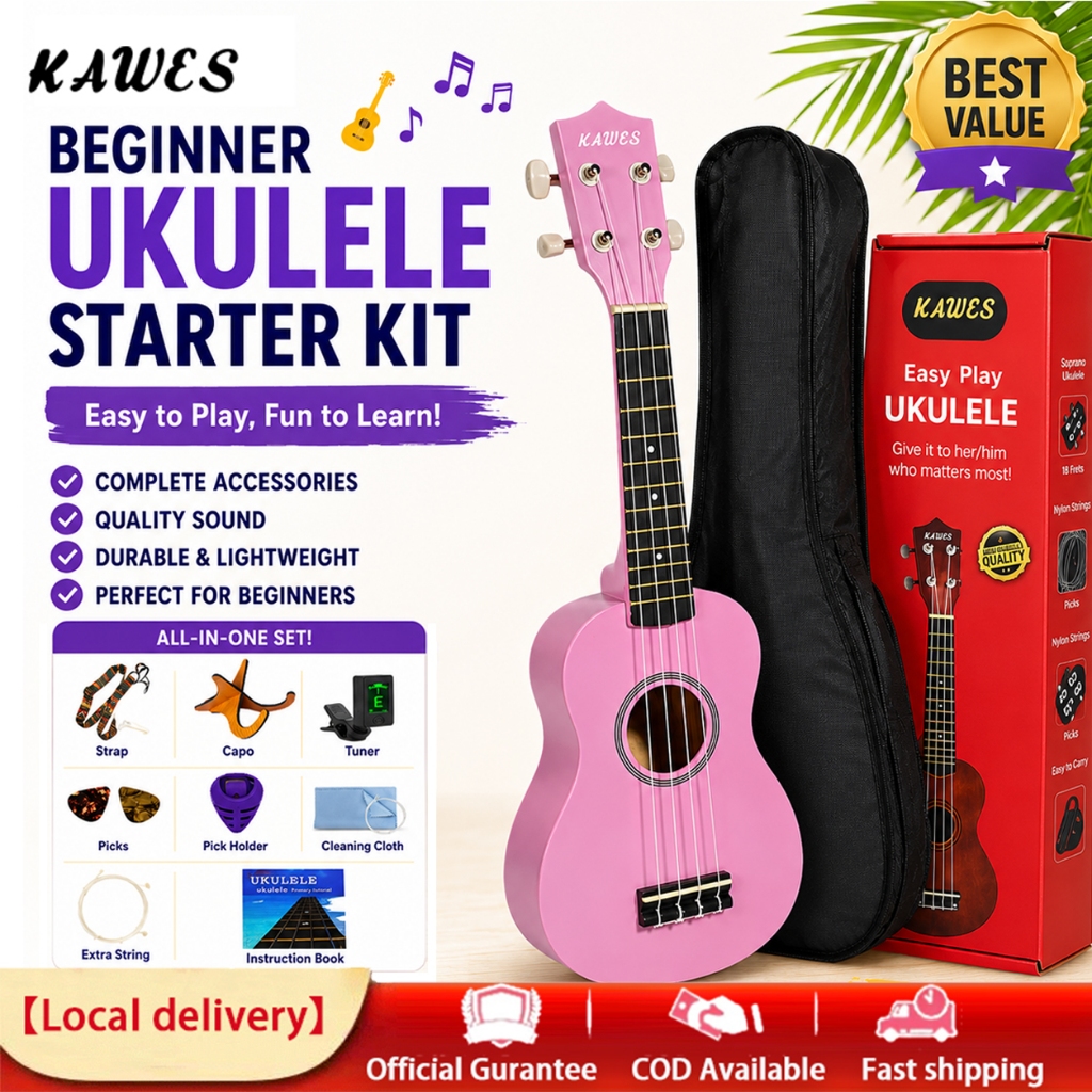 KAWES 21inch Ukelele Soprano 4 Strings Spruce Basswood Guitar-With Free Gifts Set Complete