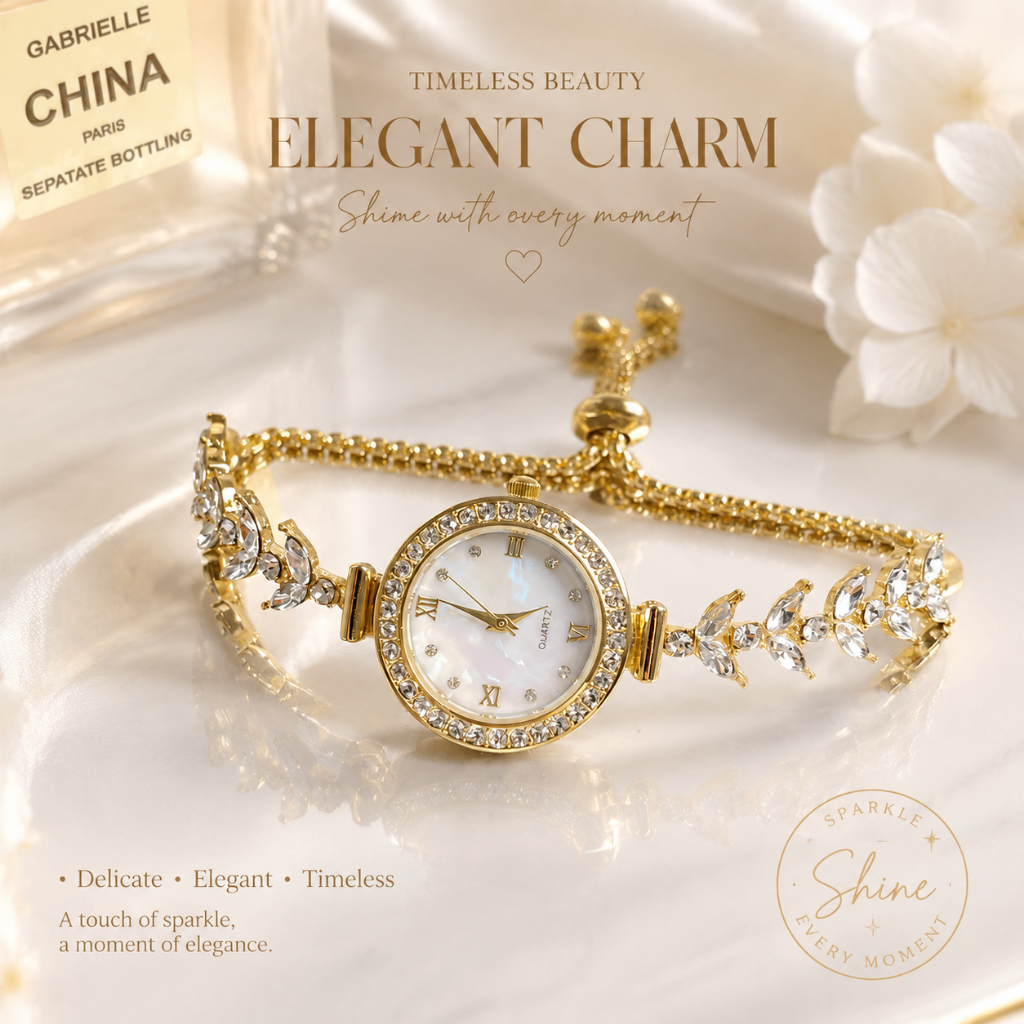 Elegant adjustable quartz bracelet for women, set with rhinestones