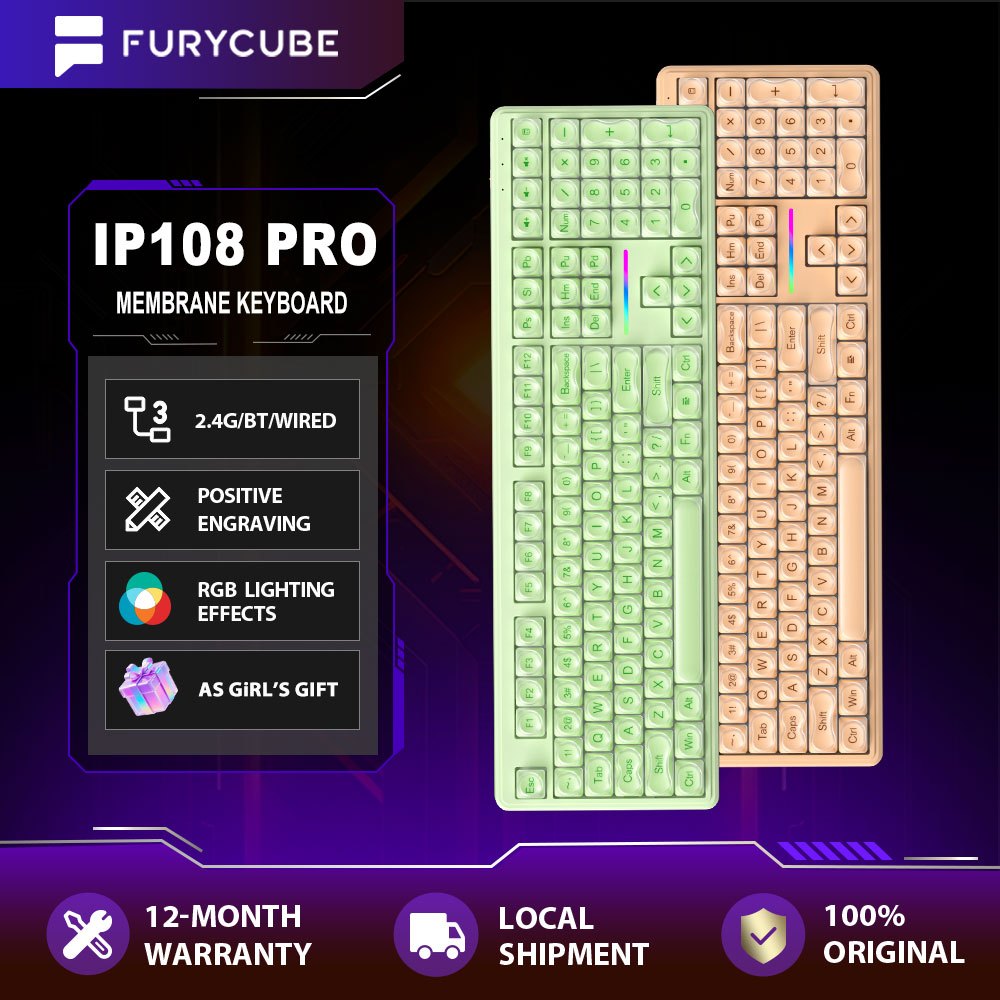 FURYCUBE IP108 Wireless Keyboard 108 Keys Membrane Keyboards Mute RGB Office Gaming Girls Keyboard