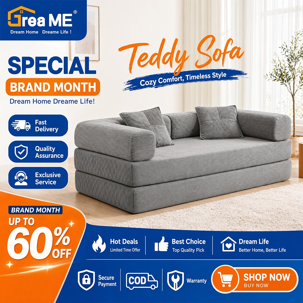 DreaME Corduroy Sofa Bed Modular Folding Compression Floor Couch Space-Saving 1/2/3 Seater 20Y Wty