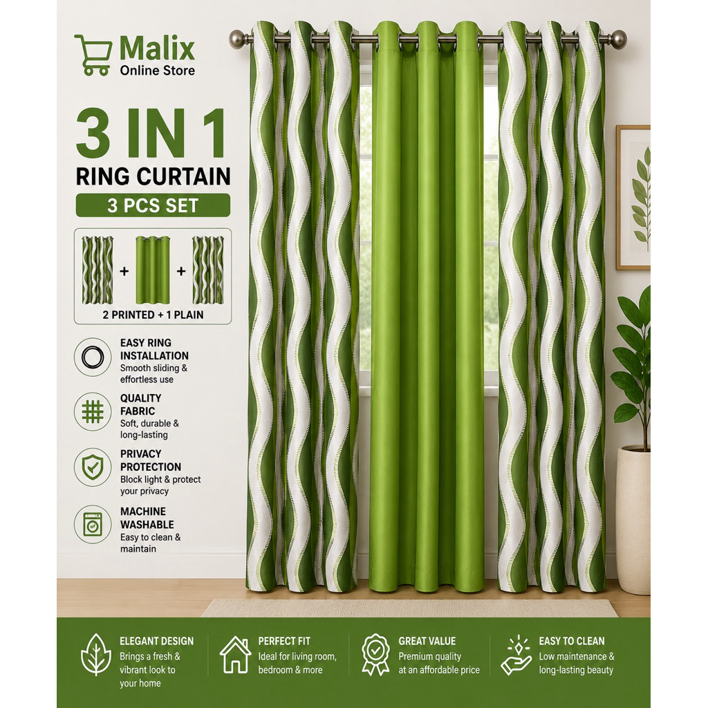 Set of 3 Wavy Spiral Design 3 in 1 Ring Curtain Geena Plain and Printed 7ft