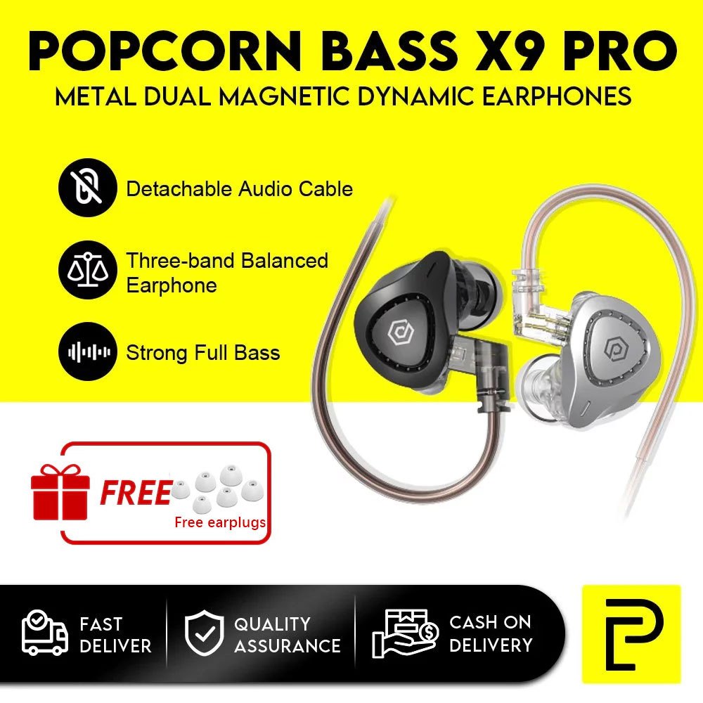 Popcorn Bass X9 Pro Metal Dynamic In Ear Earphone HIFI DJ with Mic Gaming Type-c Earphone