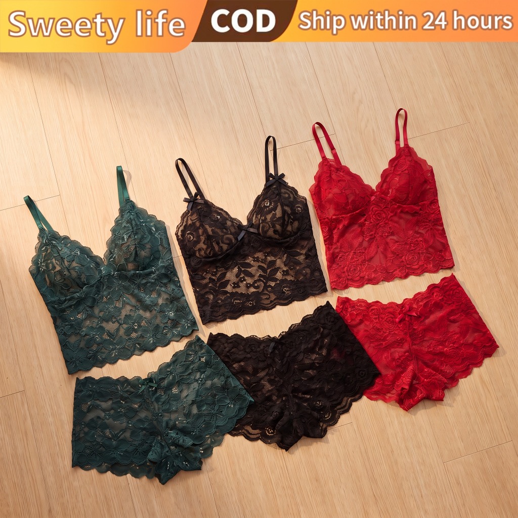✨COD✨【S-3XL】Sexy Women Lingerie Set Lace Embroidery Transparent See Through Bra&Panties Suspenders