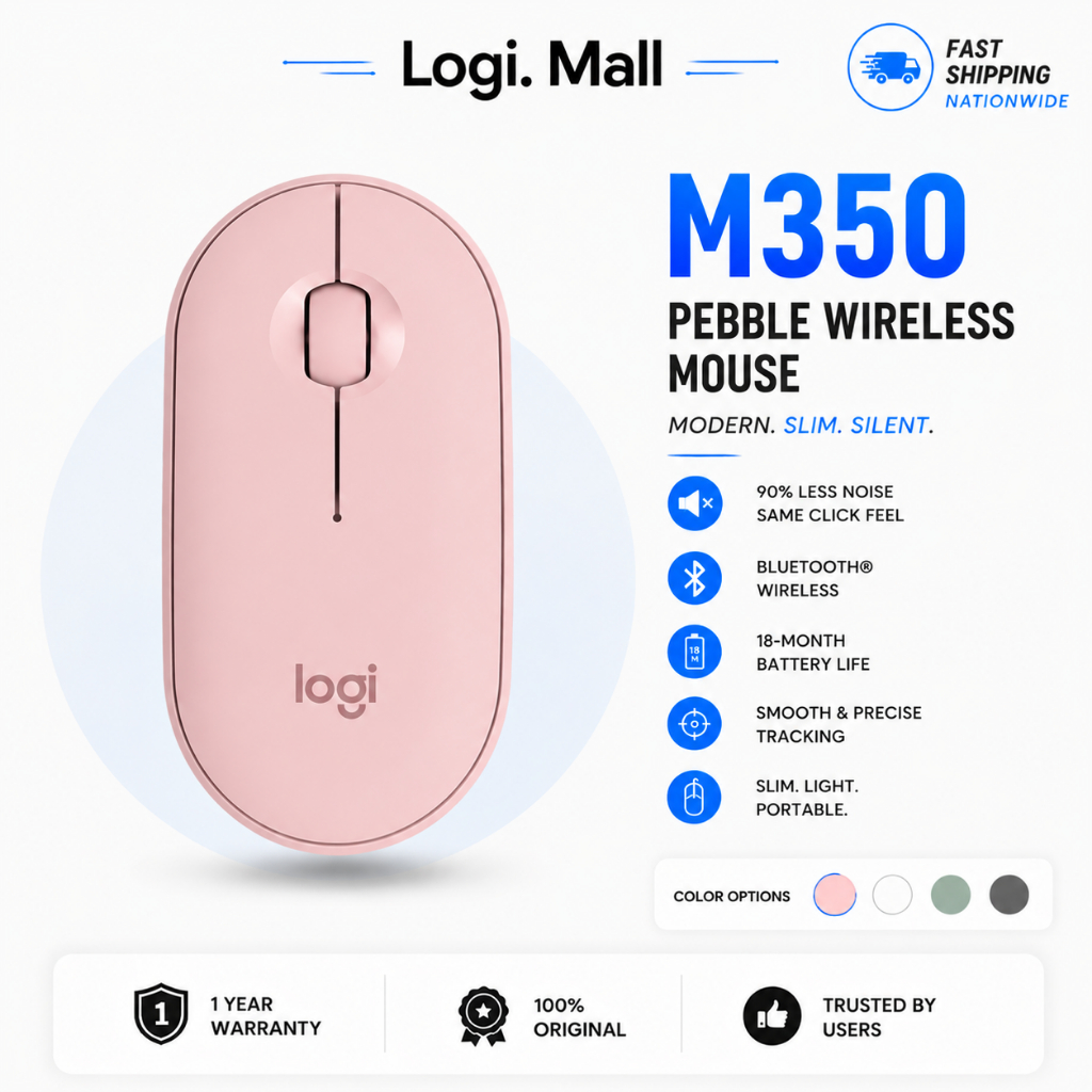 Logitech Pebble M350 Wireless Mouse with Bluetooth or USB-Silent, for iPad Laptop PC MAC