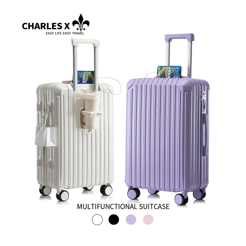 Charles X Multi-Functional Hard Shell Luggage with Built-in Cup Holder Phone Stand & USB charge