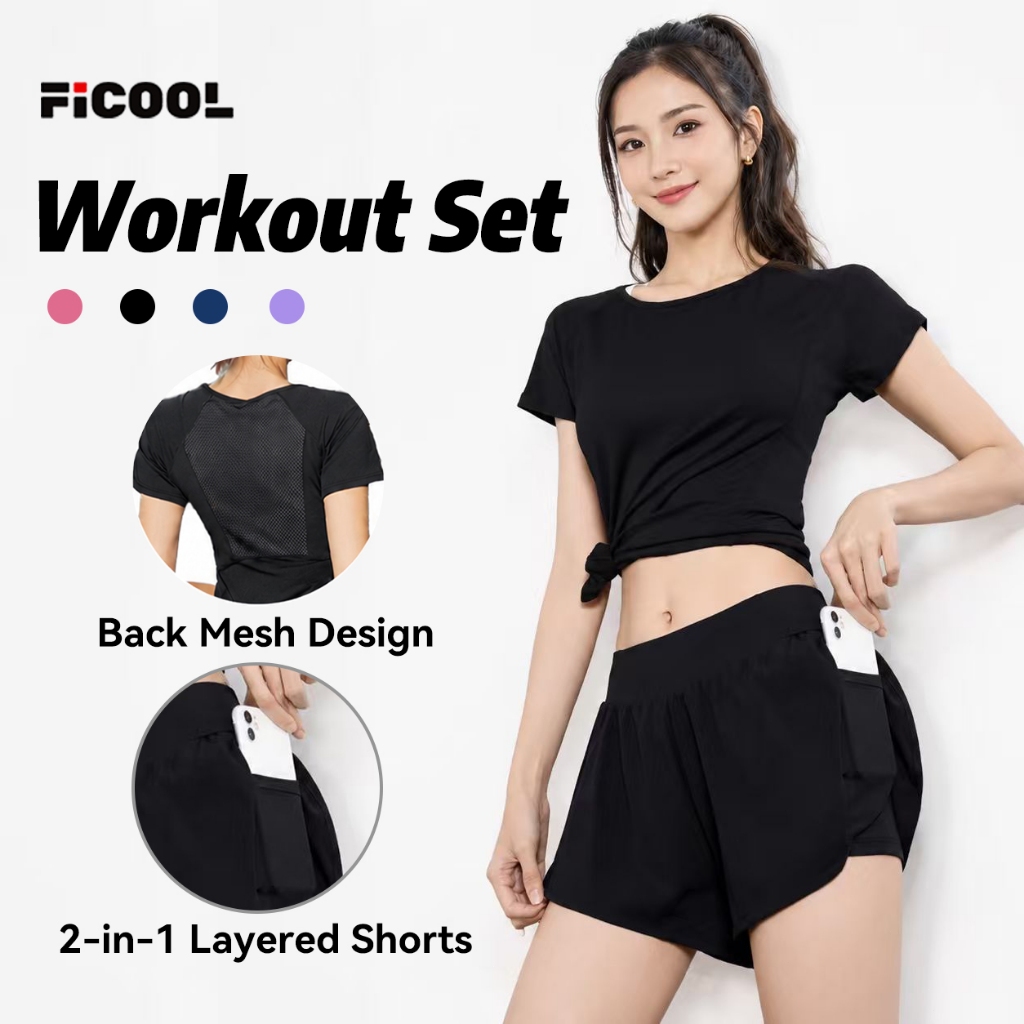 FICOOL Yoga Sports for Women Anti-Glare Pockets GYM Outfit for Women Set Training Jogging Pickleball