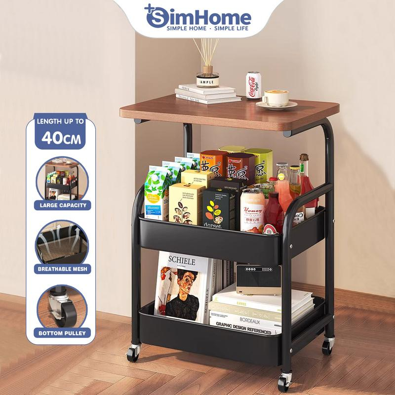 SimHome Bedside Table Storage Cart Sofa Side Desk Trolley Organizer with Table Top Snack Rack