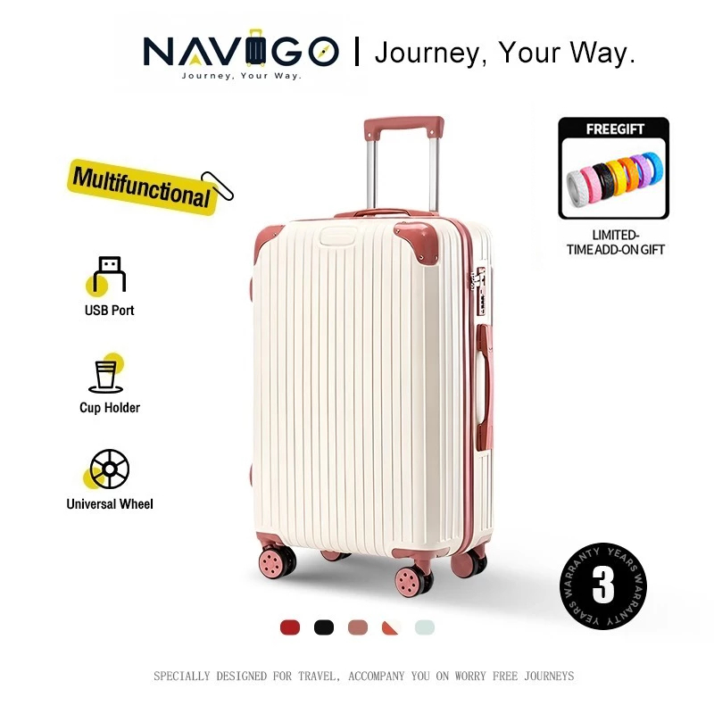 NAVIGO Contrast Color Hard Shell Luggage 20-28 Inch Trolley Suitcase with Cup Holder USB Port