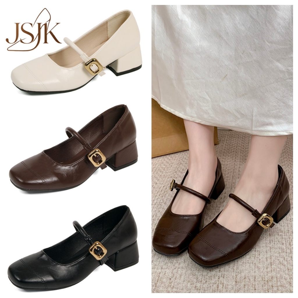 [JSJK] KOREAN FASHION PATENT LEATHER MARYJANE shoes school buttons bow HIGH HEELS 4CM#813 ADD SIZE