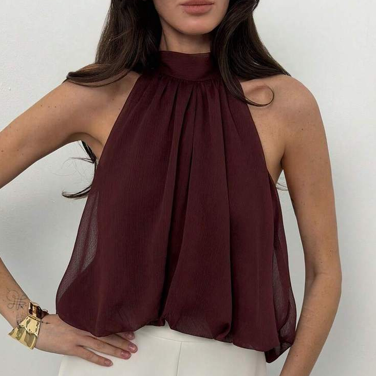 Women's Elegant Commuter Solid Color Pleated Halter Top, Summer,Summer Top