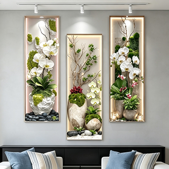 3pcs Wall Decoration Cherry Blossom Reed Orchid Faux Floral Art Vertical Living Room Sofa Wall Art