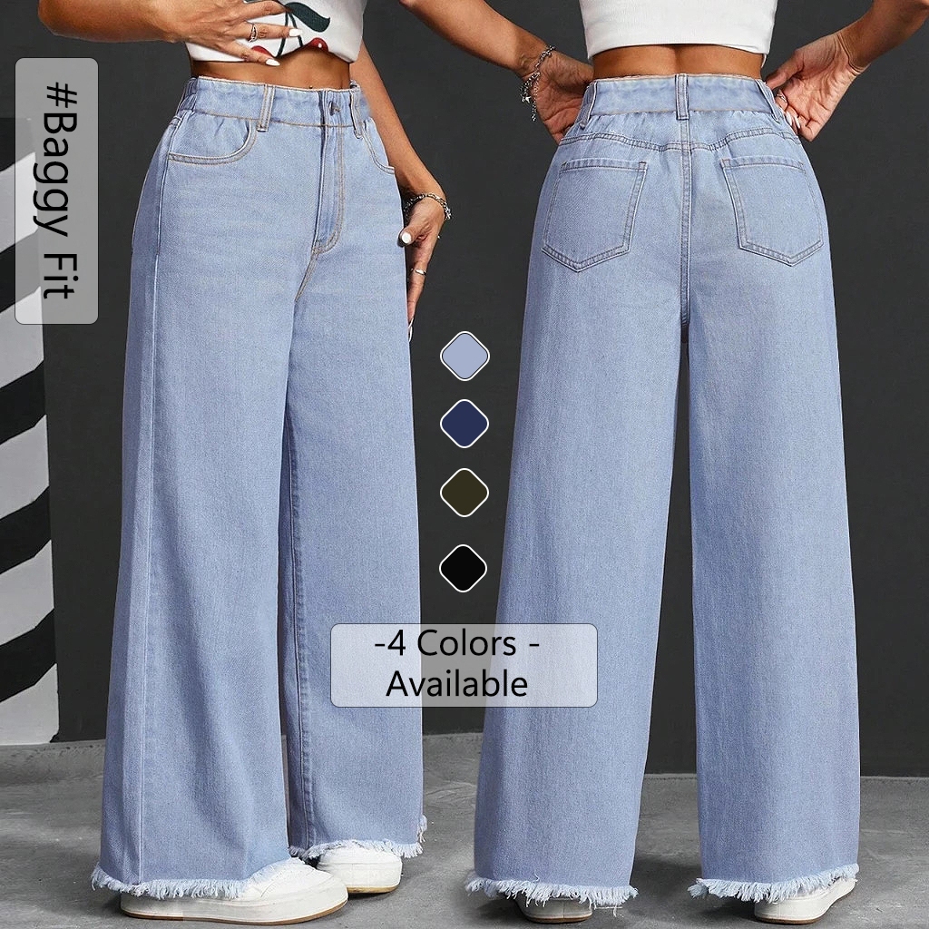 High Waist Wide Leg Jeans Women Raw Edge Ripped Mom Jeans Casual Baggy Denim Pants Free Shipping