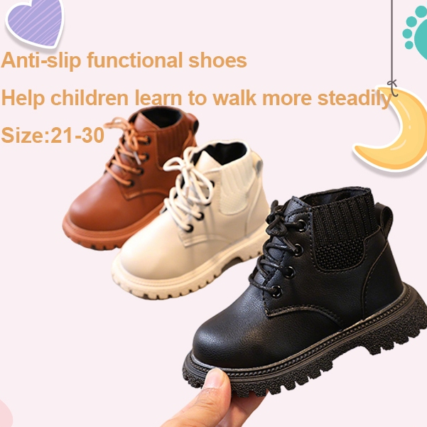 Kids Boots for Girls Boys Cream Faux Leather Ankle Boots Lace-Up Shoes Anti-Slip Sole
