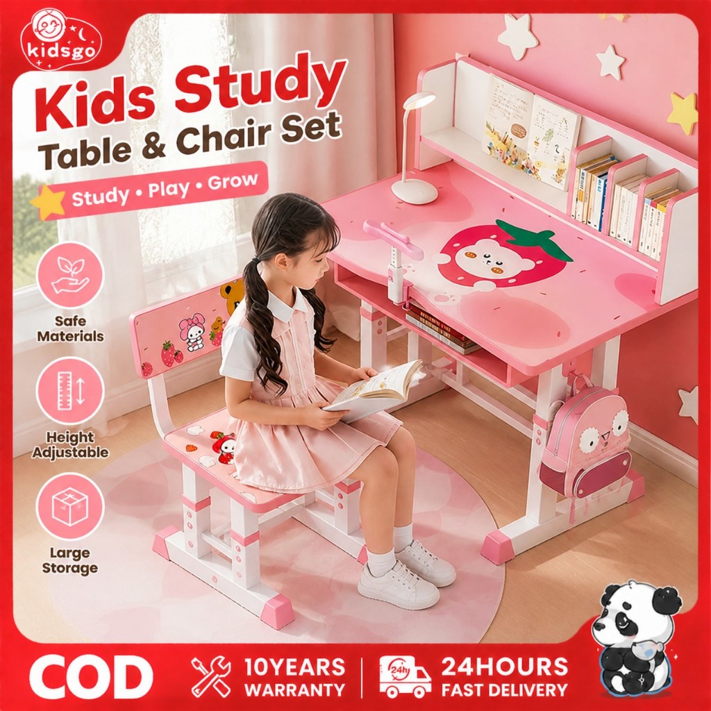 Study Table for Kids with Chairs Height-adjustable,Study Table with Bookshelves for Student 3-15year