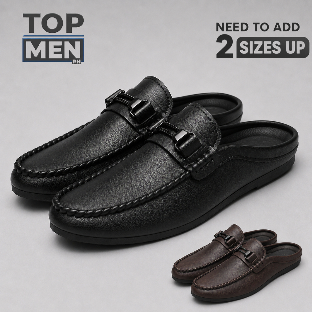 TOP MEN PH (Add 2 Sizes) Men's Leather Slip-On Half Shoes Lightweight Casual Black Mules Loafers
