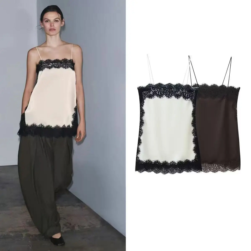 Lace Satin Patchwork Strapless Camisole Women's Top French Sleeveless Lace Trim Tank Tops fashion