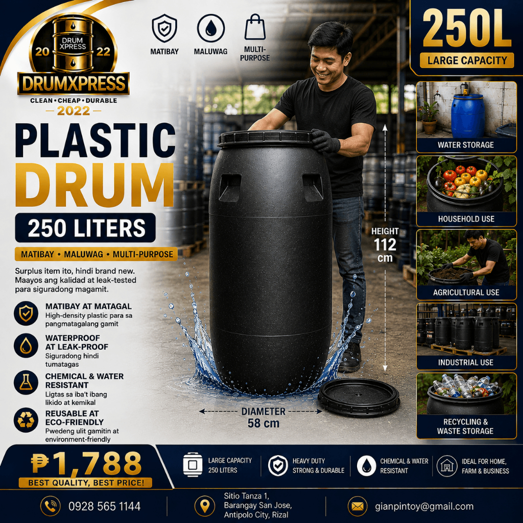 250L Plastic Drum HDPE Heavy Duty | Black Water Storage Drum | Leak Tested | Over Sized