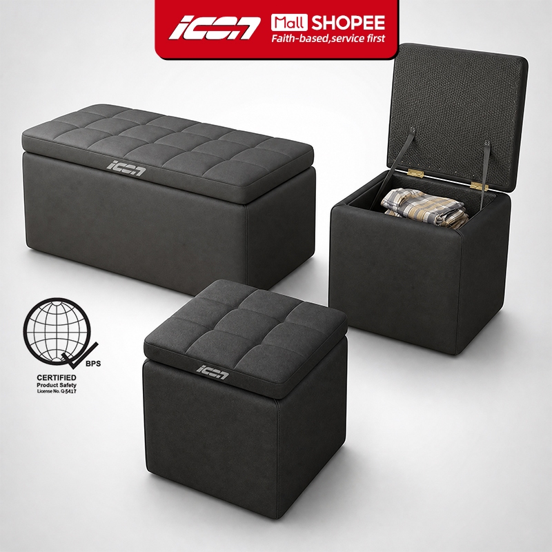 ICON Leather Ottoman Storage Box Stool Rectangular Storage Stool Sofa Folding Storage Vanity Chair