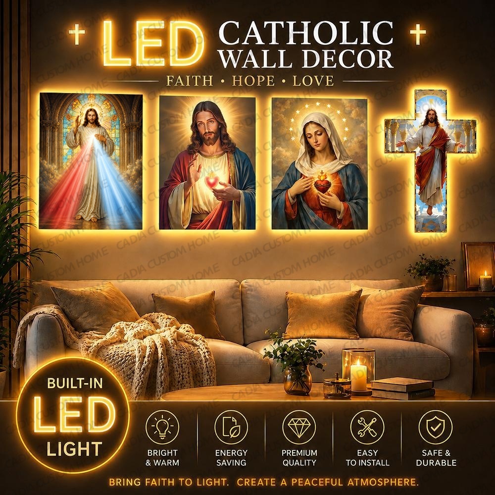 Luminous Jesus and Mary Wall Art LED Night Light Catholic Christian Religious Icon Decor Painting