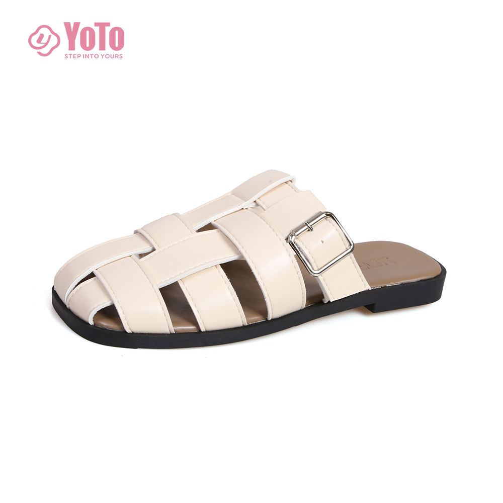 YOTO Roman Woven Hollow Flat Sandals Casual Versatile Closed Toe Slip On Half Slippers