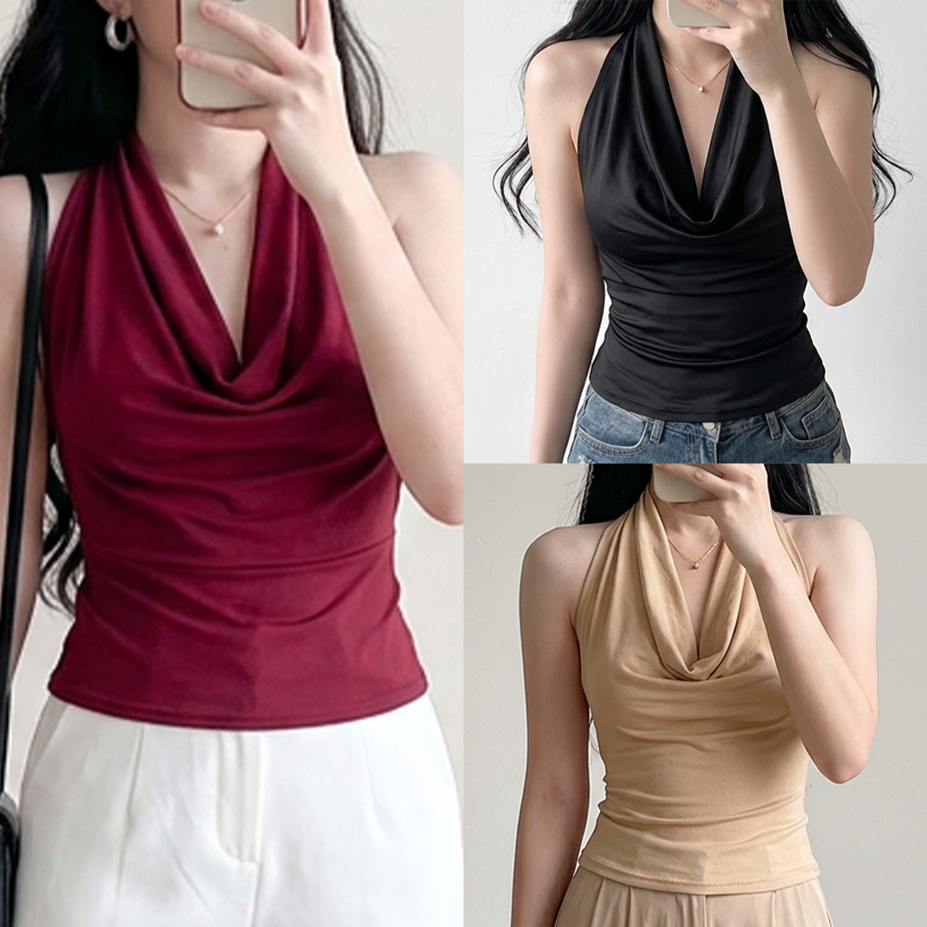 BUY 1 TAKE 1 MYMP Plain Halter Cowl Neck Top for Women Elegant Slim Fit Sleeveless Casual Top