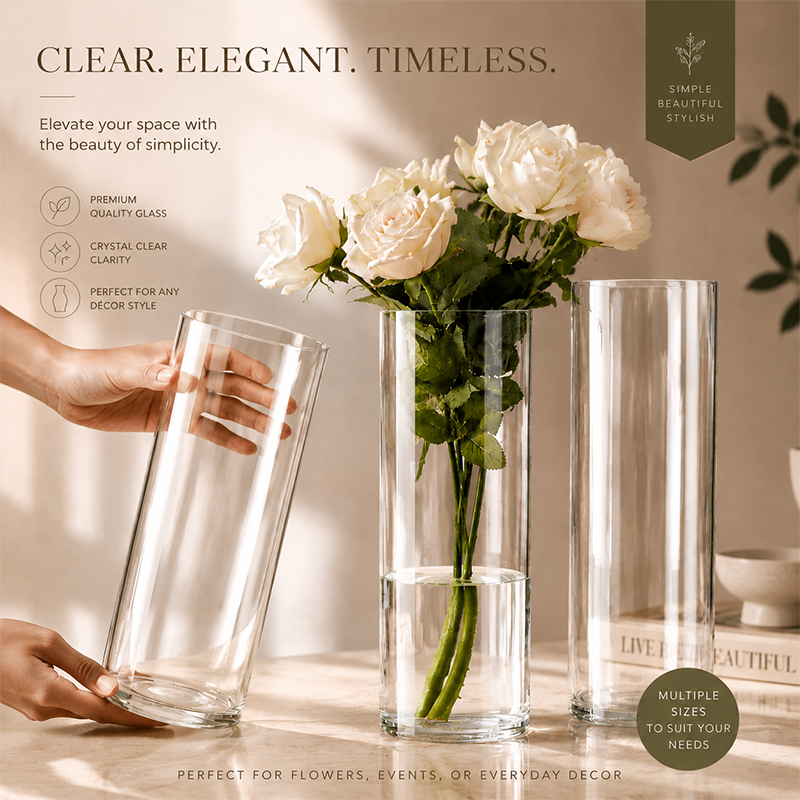 Large Clear Cylinder Glass Vase Straight Wall for Flower Arrangement Home Decor Centerpiece