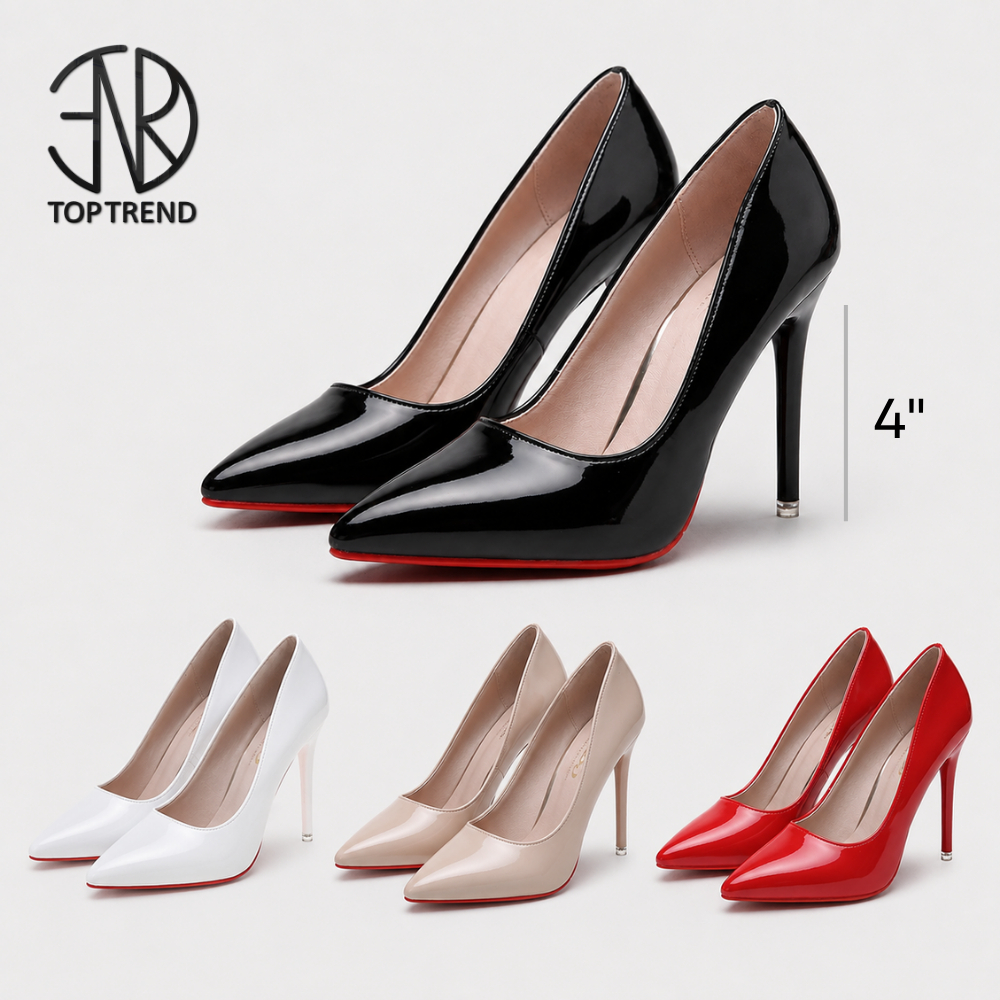 TOPTREND Women's Pointed Toe High Heels 4 Inch Patent PU Leather Red Bottom Pumps Formal Party Heels