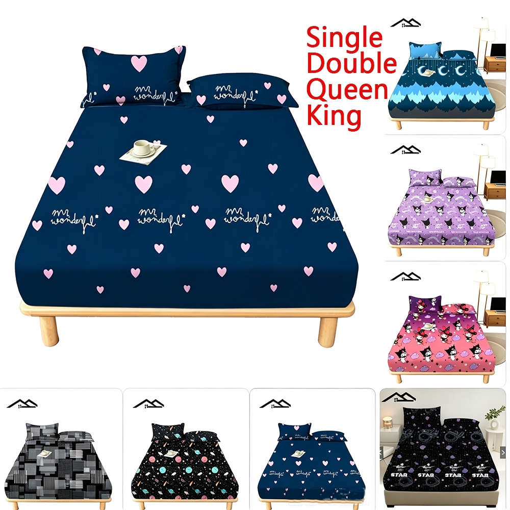 NEW! 3in1 4 Corner Garterized Poly Cotton Bedsheet Single Double Queen King Size with 2 Pillow cases