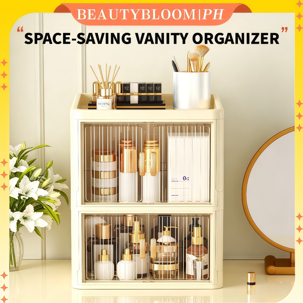 Foldable Makeup Organizer Storage Desktop Dust-proof Cosmetics Organizers Cabinet Box with Doors