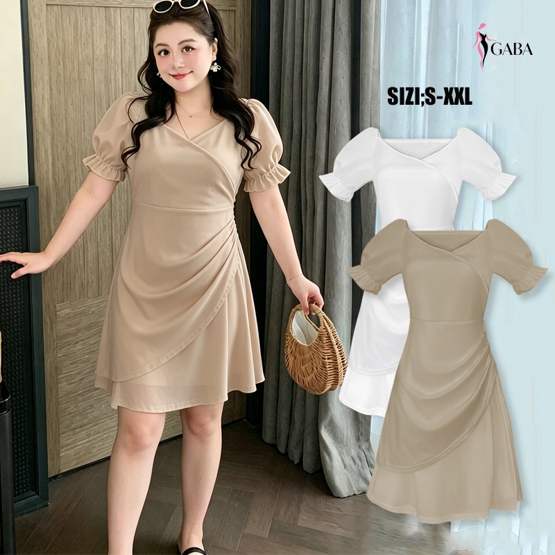 Sexy nude mini dress with V neck and puff sleeves casual party gown Plus Size
